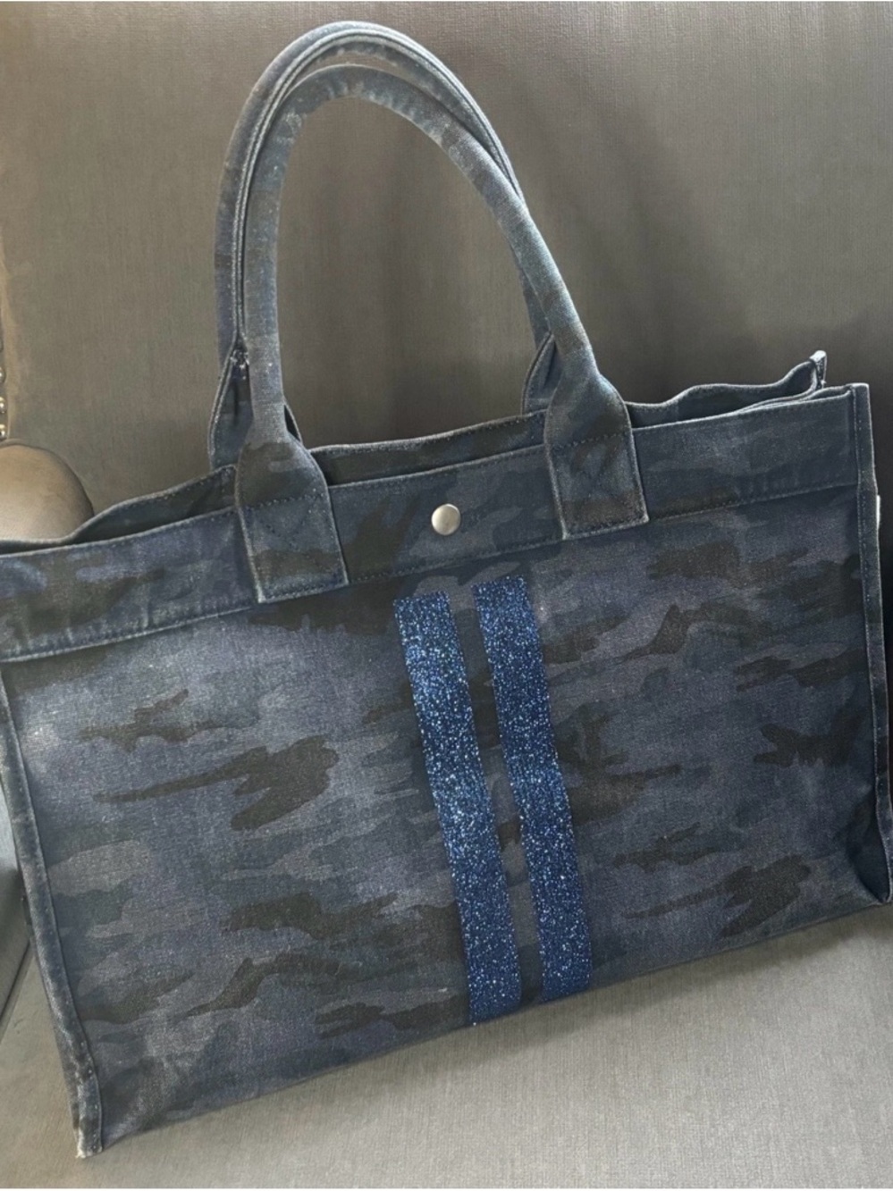 Koala Kanvas Blue Denim Camo Large Tote with Blue Glitter Front Stripes! 💙GUC💙